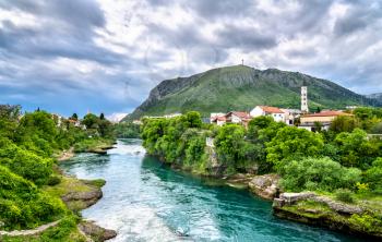View of Mostar town at the Neretva river in Bosnia and Herzegovina