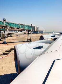Wing with engines of Airbus A380 at Beijing Capital Airport - China