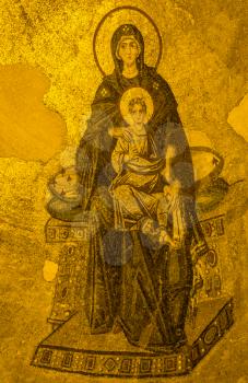 Ancient Apse mosaic of the Theotokos (Virgin Mother and Child) in Hagia Sophia - Istanbul