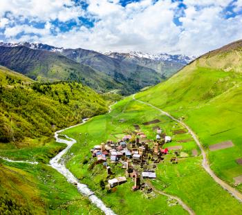 Aerial view of Murkmeli village with typical tower houses. Upper Svaneti, Georgia