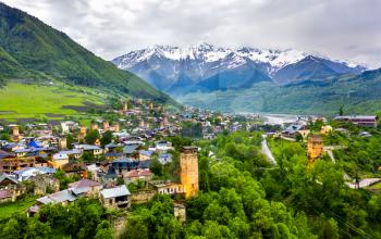 Aerial view of Mestia village with typical tower houses. Upper Svaneti, Georgia