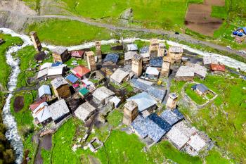 Aerial view of Chazhashi village with typical tower houses. Upper Svaneti, Georgia