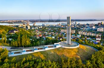 Aerial view of the Great Patriotic War Memorial in Saratov, Russia
