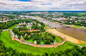 Aerial view of Velikiy Novgorod Kremlin in Russia