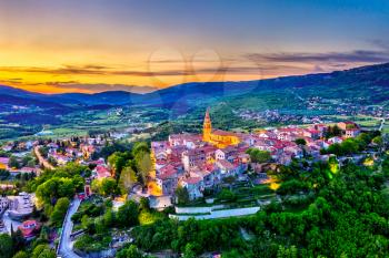 Aerial view of Buzet town at sunset - Istria, Croatia