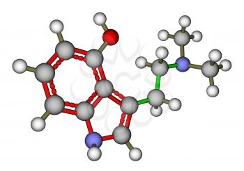 Optimized molecular structure of hallucinogen psilocin on a white background