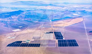 Aerial view of solar power plants in the Mojave Desert - Nevada, USA