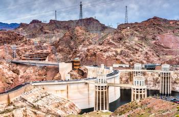 Penstock towers at Hoover Dam in the Black Canyon of the Colorado River, on the border between Nevada and Arizona. United States