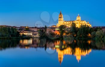 The New Cathedral of Salamanca reflecting in the Tormes river in Spain