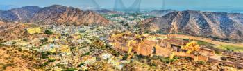 Panorama of Amer town with the Fort. A major tourist attraction in Jaipur - Rajasthan State of India