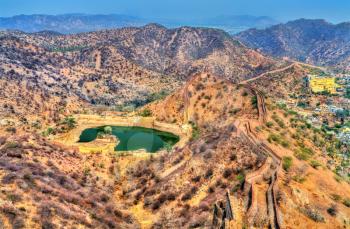 View of Hanuman Sagar Lake and fortifications of Amer. Jaipur State of India