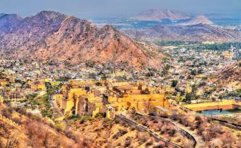 View of Amer town with the Fort. A major tourist attraction in Jaipur - Rajasthan State of India