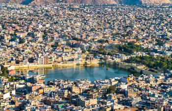 Aerial view of Jaipur with Tal Katora Lake - Rajasthan State of India