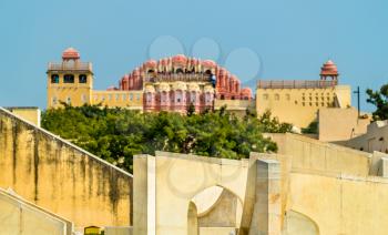 View of Hawa Mahal above Jantar Mantar in Jaipur. UNESCO heritage site in Rajasthan, India