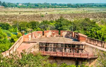Defensive walls of Agra Fort. UNESCO world heritage site in Uttar Pradesh, India