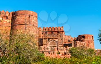 Defensive walls of Agra Fort. UNESCO world heritage site in Uttar Pradesh, India