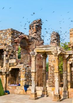 Ruins of Quwwat ul-Islam Mosque at the Qutb complex in Delhi. UNESCO world heritage in India