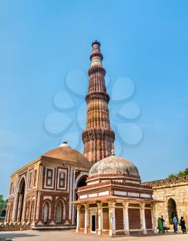 Imam Zamin's Tomb, Alai Darwaza and Qutub Minar at the Qutb Complex in Delhi. A UNESCO world heritage site in India