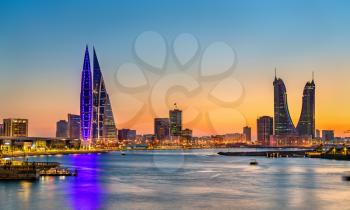 Skyline of Manama at sunset. The capital of Bahrain