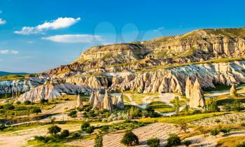 Rock formations of Rose Valley at Goreme National Park. UNESCO world heritage in Cappadocia, Turkey