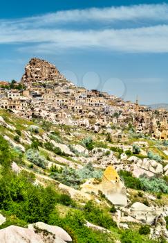 View of Uchisar town and castle from Pigeon Valley in Cappadocia, Turkey
