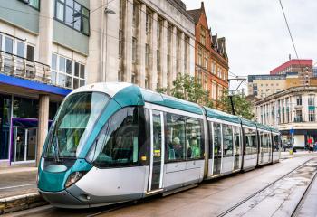 City tram at Old Market Square in Nottingham - England, UK
