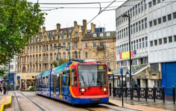 City tram at Cathedral station in Sheffield - South Yorkshire, England