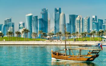 Traditional boats in the Persian Gulf in Doha, Qatar