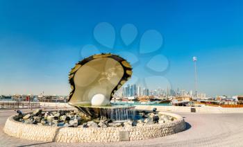 The Oyster and Pearl Fountain on Corniche Seaside Promenade in Doha, Qatar. The Middle East