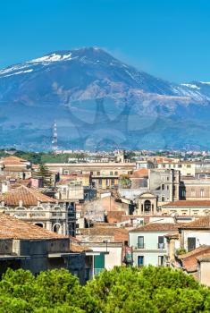 View of the historic centre of Catania with Etna Volcano in the background - Sicily, Italy