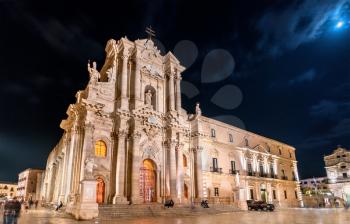 Syracuse Cathedral and Archbishop's Palace in Syracuse at night - Sicily, Italy