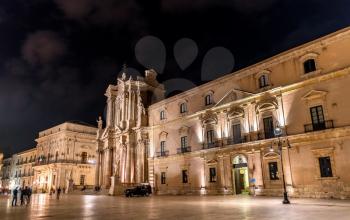Archbishop's Palace and Syracuse Cathedral in Syracuse at night - Sicily, Italy