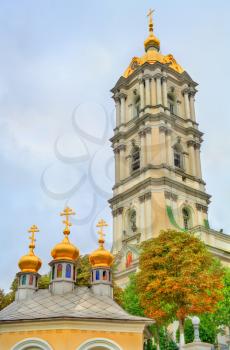 Bell tower of Holy Dormition Pochayiv Lavra in Ternopil Oblast of Ukraine