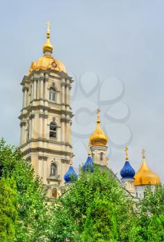 Bell tower of Holy Dormition Pochayiv Lavra in Ternopil Oblast of Ukraine