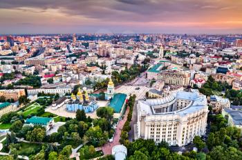 Aerial view of St. Michael Golden-Domed Monastery, Ministry of Foreign Affairs and Saint Sophia Cathedral in Kiev, Ukraine