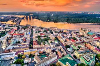 Aerial view of Podil, a historic neighborhood of Kiev, the capital of Ukraine