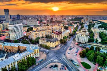 Aerial view of Glory Square in Pechersk, a central neighborhood of Kiev, Ukraine