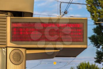 Illuminated indicator board of waiting time of trams in Strasbourg - Alsace, France