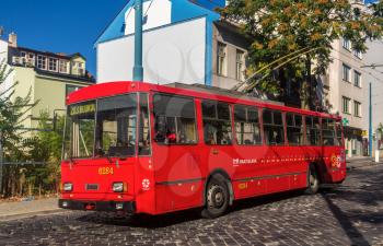 BRATISLAVA, SLOVAKIA - AUGUST 11: An old Skoda 14Tr10/6 trolleybus in Bratislava on August 11, 2013. There are 13 trolleybus routes in Bratislava