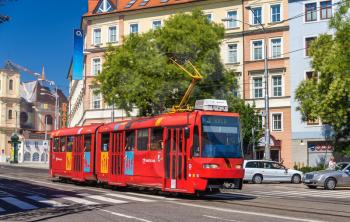 BRATISLAVA, SLOVAKIA - AUGUST 11: A Tatra K2S tram in Bratislava on August 11, 2013. Trams in Bratislava have 1000 mm gauge and catenary with 600 V 