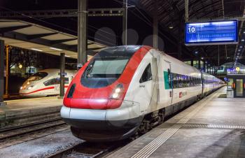 BASEL, SWITZERLAND - NOVEMBER 03: SRABDe 500, a Swiss tilting high-speed train, on November 03, 2013 in Basel, Switzerland. The train has maximal speed of 200 km/h and 431 seats