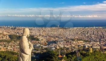 Sculpture of Apostle and view of Barcelona