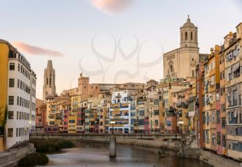 Girona Cathedral and Collegiate Church of Sant Feliu over river Onyar