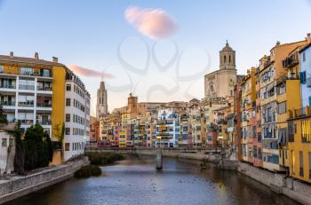 Girona Cathedral and Collegiate Church of Sant Feliu over the river Onyarv