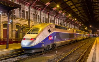 STRASBOURG, FRANCE - JANUARY 01: SNCF TGV Duplex train on main station on January 1, 2014 in Strasbourg, France. TGV trains carried more than 2 billion passengers since startup