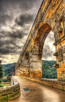 HDR image of Pont du Gard, ancient Roman aqueduct listed in UNESCO