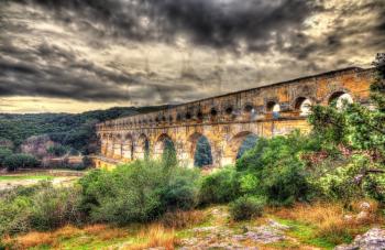 HDR image of Pont du Gard, ancient Roman aqueduct listed in UNESCO