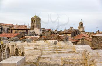 View of the old town of Arles from the Roman arena - France