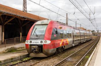 NARBONNE, FRANCE - JANUARY 06: Regional electric train at Narbonne station on January 6, 2014. SNCF operates 211 trains of the class Z 27500