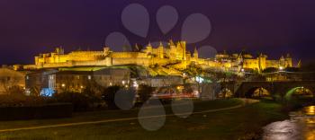 Night panorama of Carcassonne fortress - France, Languedoc-Roussillon